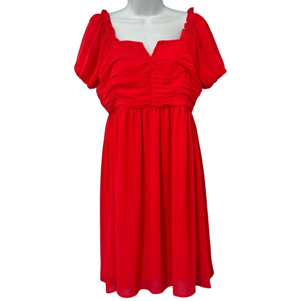 Tahari ASL Cherry Red Chiffon Short Puff Sleeve Notch Mini Dress size 8 NEW Tags - Picture 1 of 11